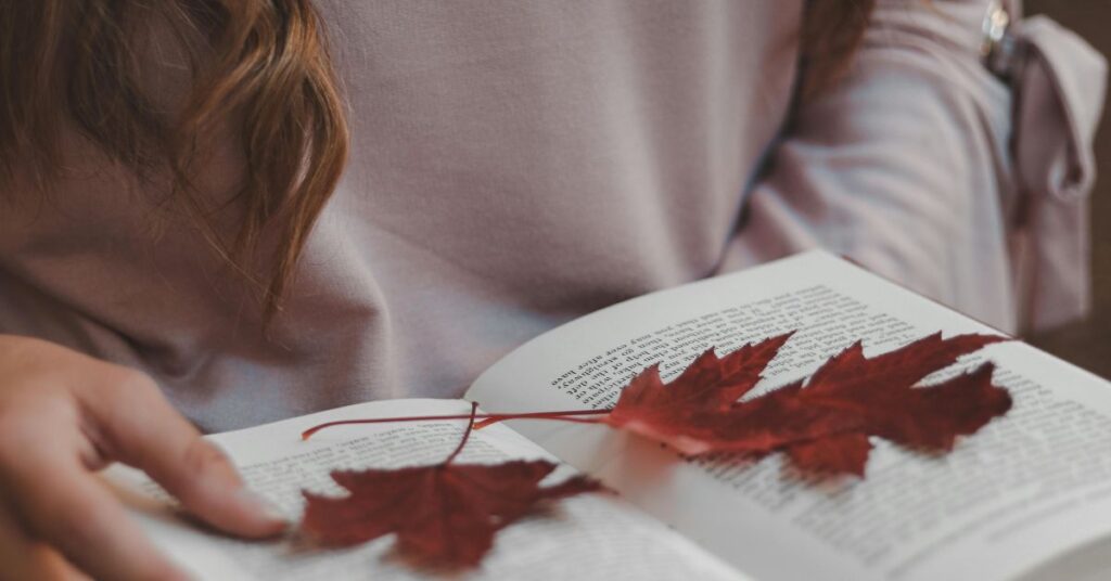 Person reading an open book with autumn leaves placed on the pages, creating a warm and peaceful reading mood.